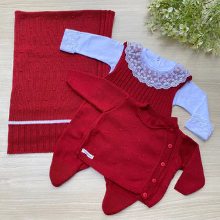 Saída de maternidade de menina vermelha em tricot 4 peças body com renda e pérolas