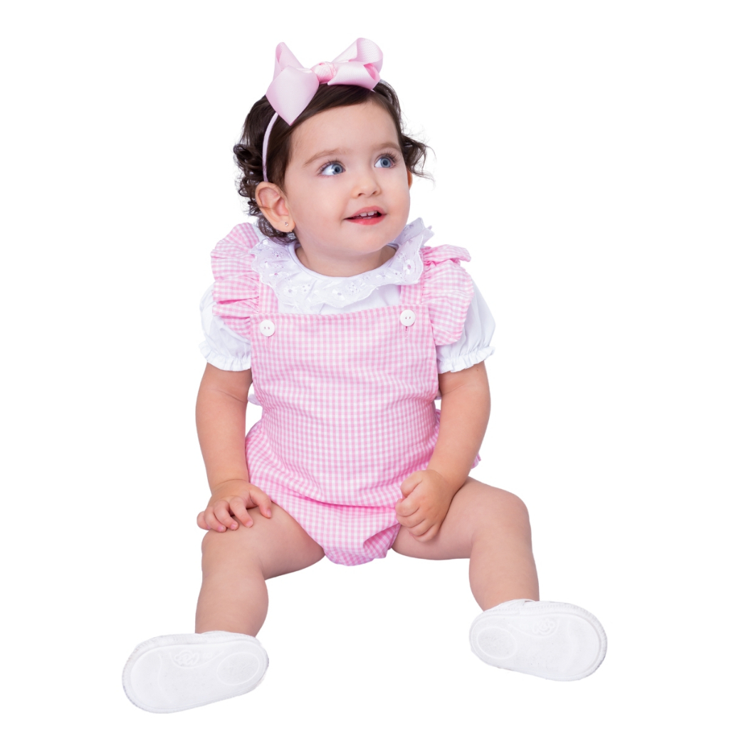 Conjunto Romper Flora Xadrez Rosa - TRÉSS KIDS