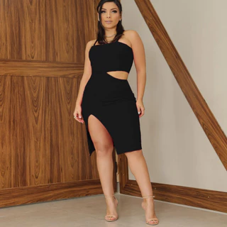 VESTIDO ARLETE LINDO ALTURA DO JOELHO COM FENDA NA FRENTE ABERTO NA CINTURA SUPER ELEGANTE
