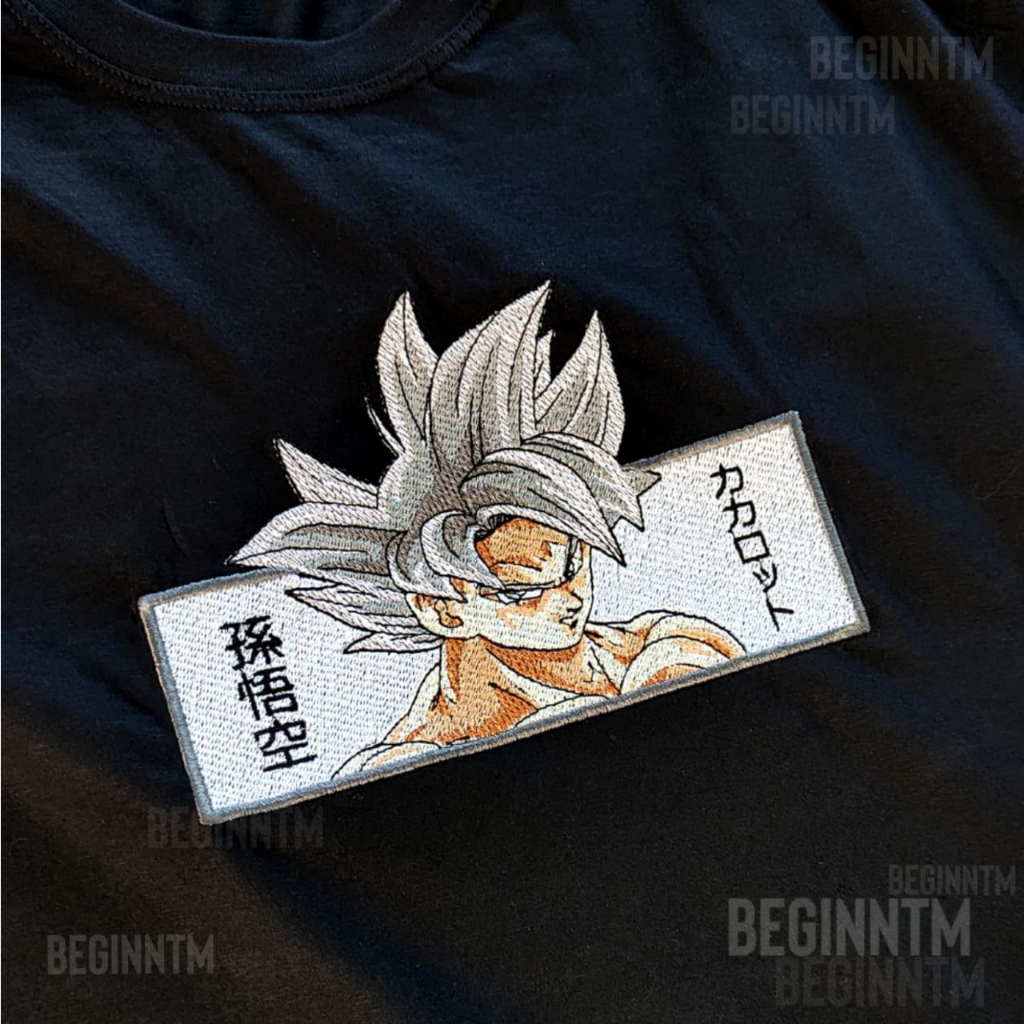 Camiseta Goku Instinto superior bordado Dragon ball camisa bordado anime blusa 100% algodao