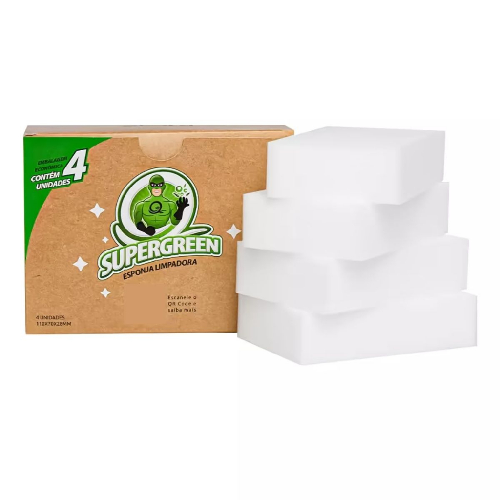 Esponjas Mágica Bucha Melamina Tira Mancha Limpa Tudo Supergreen Esponja Limpadora (4 unidades)