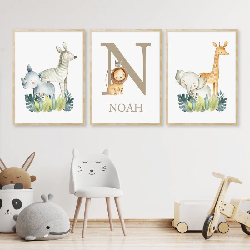 quadro decorativo infantil safari personalizado bichinhos 3 peças