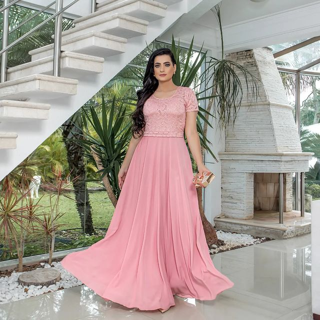 Vestido Longo Com Manga Curta Para Festa Vestido De Festa Renda