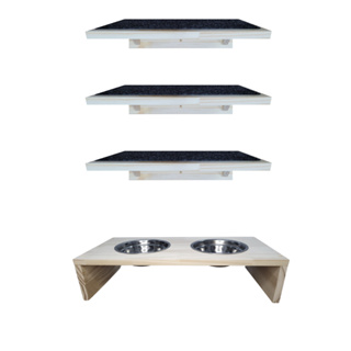 Combo 2 Prateleiras Playground Para Gato Madeira Pinus 12mm Forte e Resistente C/ Comedouro Elevado Tigela Inox