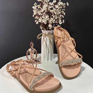 Sandália Feminina de Amarração Papete Birken Tiras de Amarrar na Perna Confortável Strass Blogueira
