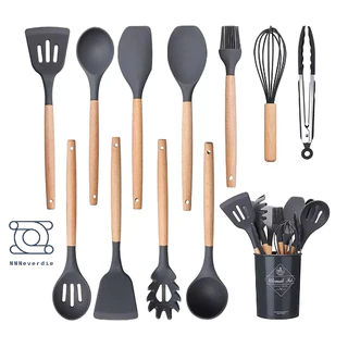 Kit 12 Utensílios De Cozinha Em Silicone E Cabo De Madeira