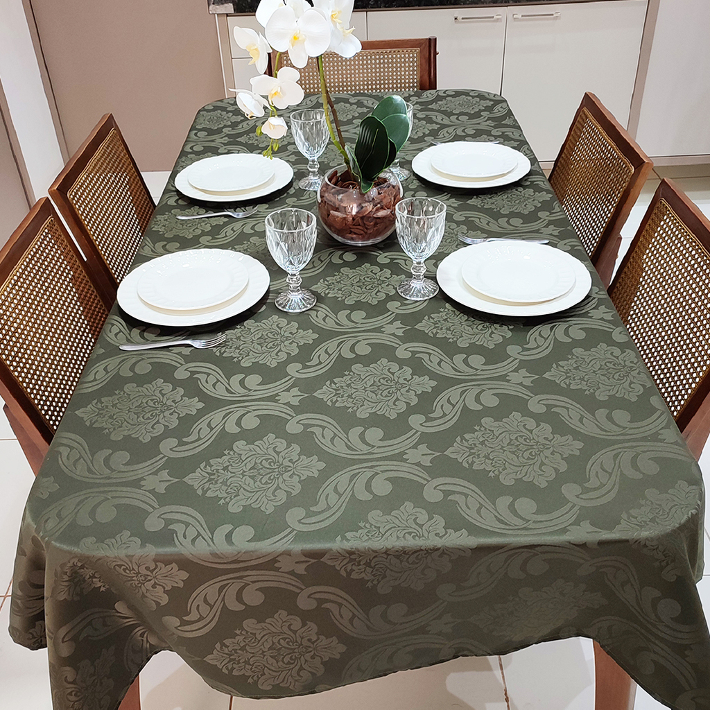 Toalha de Mesa Jacquard Retangular 6 Lugares 2,20m x 1,35m Verde Musgo ...