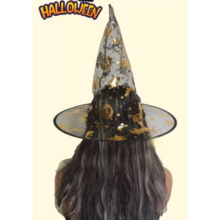 Chapéu de Bruxa Tule Preto com Estampa de Halloween (COD ZW-70709)
