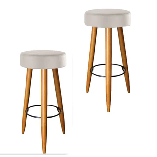 Kit 02 Banqueta Alta Suede Bege Off White 70 Cm Pés Palito Castanho