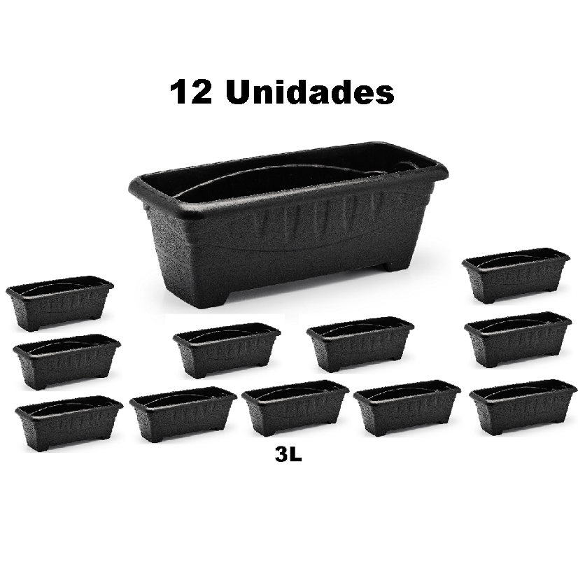 Kit 12 Vasos Tacho Retangular 3 Litros - Preto Horta Jardim