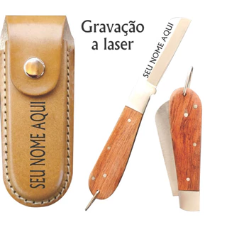 Canivete inox Barretos com bainha em couro legítimo Personalizado a laser
