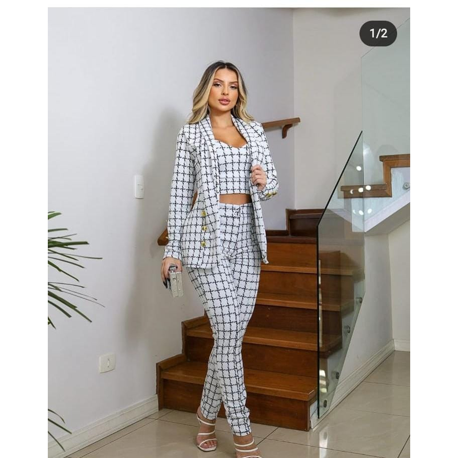 Conjunto Xadrez Feminino 3 Três Peças Roupas Femininas Social Moda Bloguerinha Max Blazer Longo Luxo Cropped Calça Jackar Varios Todos Tamanhos Plus Size Conjuntos Verão Inverno Todas Estações Terno Calca Quadriculado Chadrez Alfaiataria Premium Trijunto