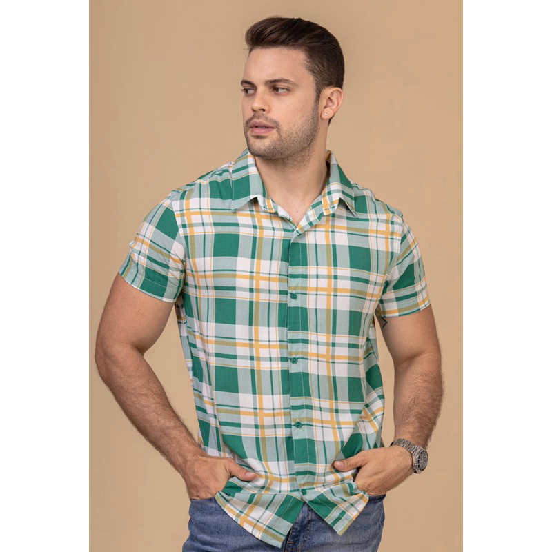Camisa Xadrez Masculina Manga Curta Ochenta - Verde Listrado Infantil