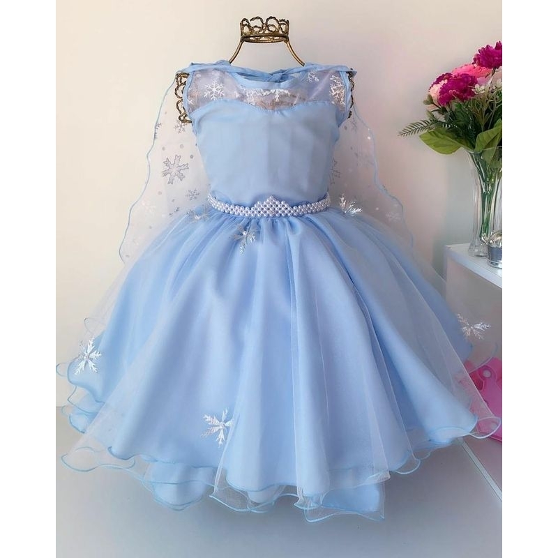 Vestido Infantil Azul Frozen com Capa Luxo