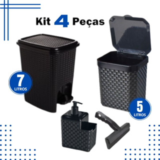 Kit Lixeira Pia 5 Litros + Lixeira 7 Litros c/ Pedal + Porta Detergente Sabão + Rodinho de Pia Kit C