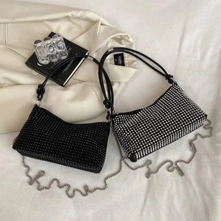 Bolsa Feminina Transversal Baguete Grande De Festa Strass Brilho Balada Promoção Presente