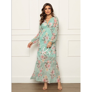 Novidade !Vestido Longo Manga Longa em Tule Estampado Florido Casamento Festas