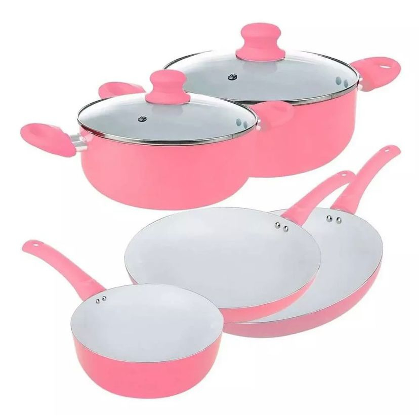 Conjunto de Panelas Rosa Revestidas Cerâmica Antiaderente 5 Peças com ...