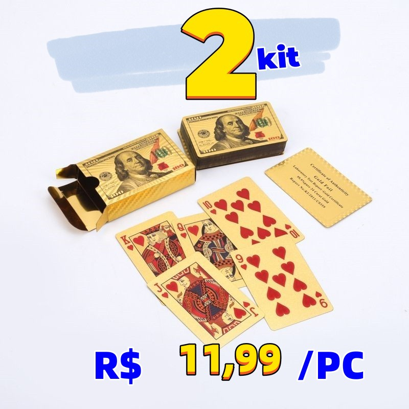 KIT 2 Baralho Conjunto Cartão de Jogo Dourado 24k Prova D'água Promoção