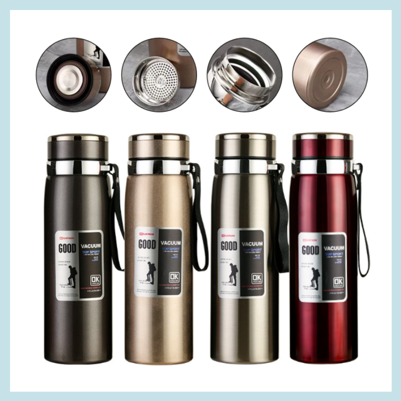 Garrafa Inox Térmica 600ML/800ML/1000ML De Água Café Parede Dupla Com Alça