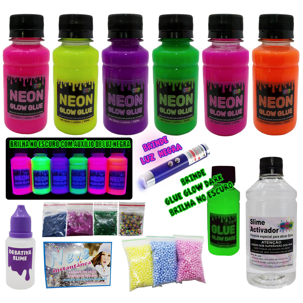 Kit Slime Neon Completo Colas Coloridas + Ativador + Desativa Brind + Luz Negra