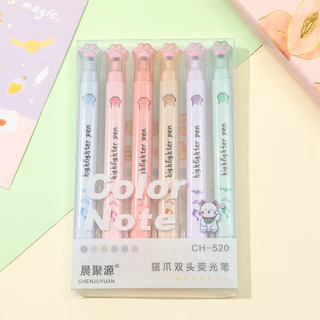 Kit de 6 praças Marca texto ponta dupla cores pastel e neon patinha fofa/material escolar papelaria/lembrancinha aniversario/caneta