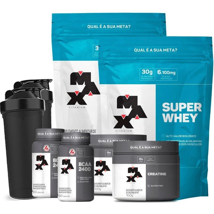 SUPER WHEY REFIL – 900G + BCAA 2400 + CREATINE – 150G + COQUETELEIRA – MAX TITANIUM