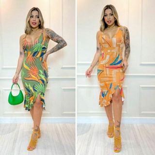 Kit de 2 vestidos estampados midi com babados 128