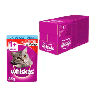Caixa 20un Ração Úmida Whiskas Sachê Gatos Adultos Castrados Carne ao Molho 85g