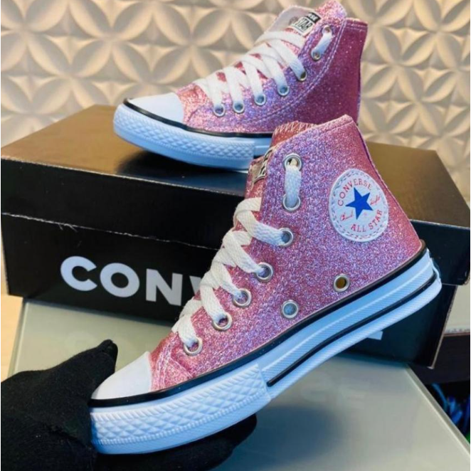 ALL STAR CHUCK TAYLOR ROSA CHICLETE GLITTER CANO LONGO INFANTIL