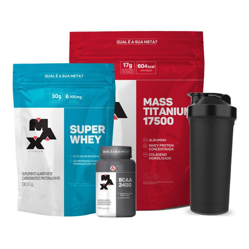 Kit Ganho de Massa Muscular – Whey + Hipercalórico + Bcaa + Coqueteleira – Max Titanium