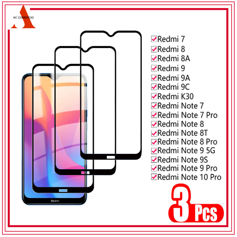 Kit 3 Película de Vidro 3D Anti Queda Xiaomi Redmi 8 Redmi 9 Redmi 9A Redmi 9C Redmi Note 8 Redmi Note 8 Pro Redmi Note 9 Protetora De Vidro