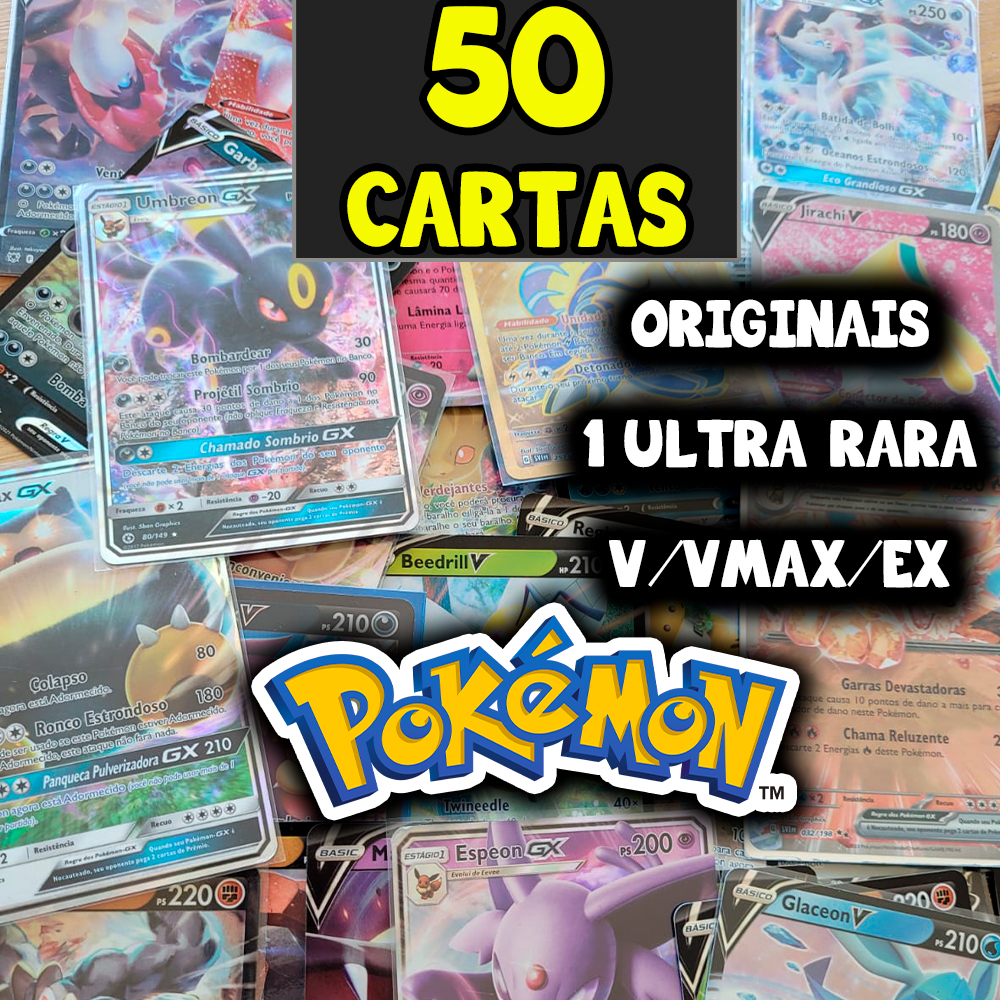 Carta Pokémon Ultra Rara + 30 Cartas Originais Copag em Promoção