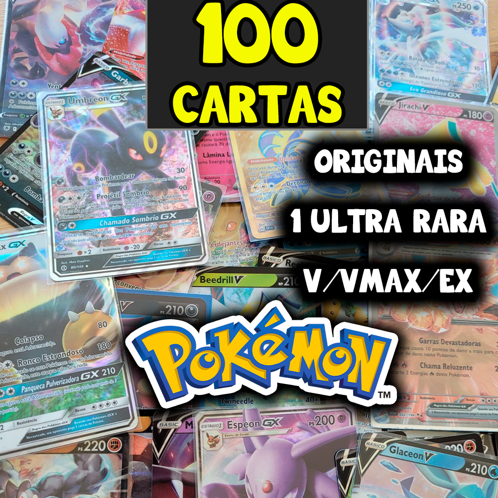 100 Cartas Pokémon ORIGINAIS + 1 ULTRA RARA - CARTAS COPAG - Pokemon V , Vmax , Vstar , Vastro, GX , EX , Brilhante , Rara