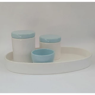 Kit Higiene Bebê Porcelana Azul Bebê e Branco Band Oval Branca 04 Pçs