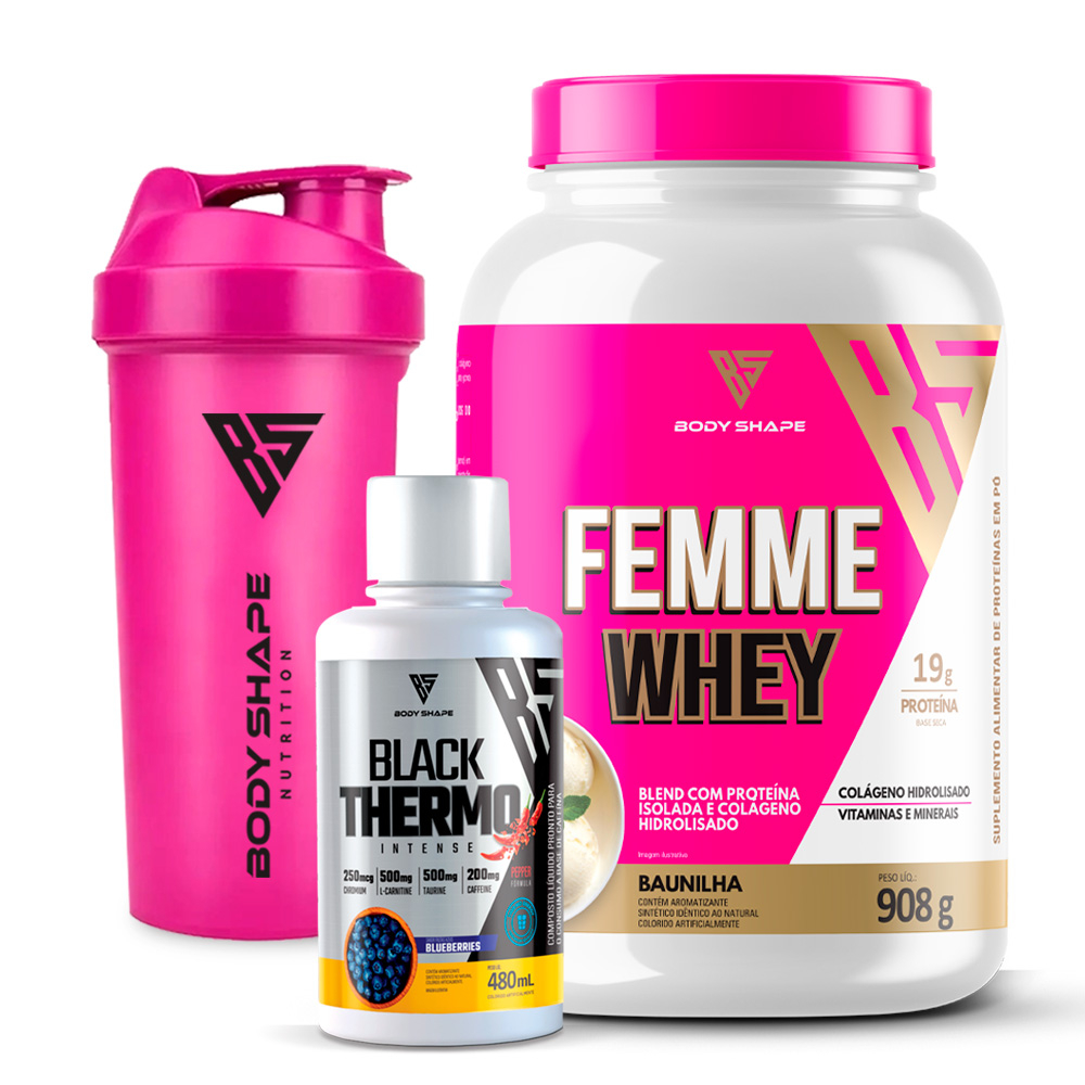 Whey Feminino 900g + Thermo Black 480ml + Coqueteleira Rosa 600mlml