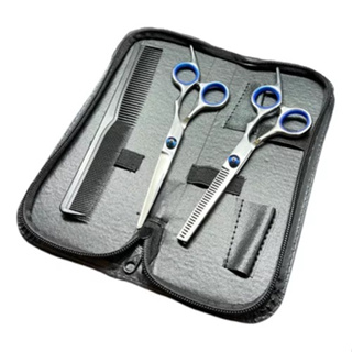 Kit 2 Tesouras Barbeiro Fio Navalha E Desfiadeira Desbaste Com Estojo e Pente Tesoura Profissional Cabeleireiro