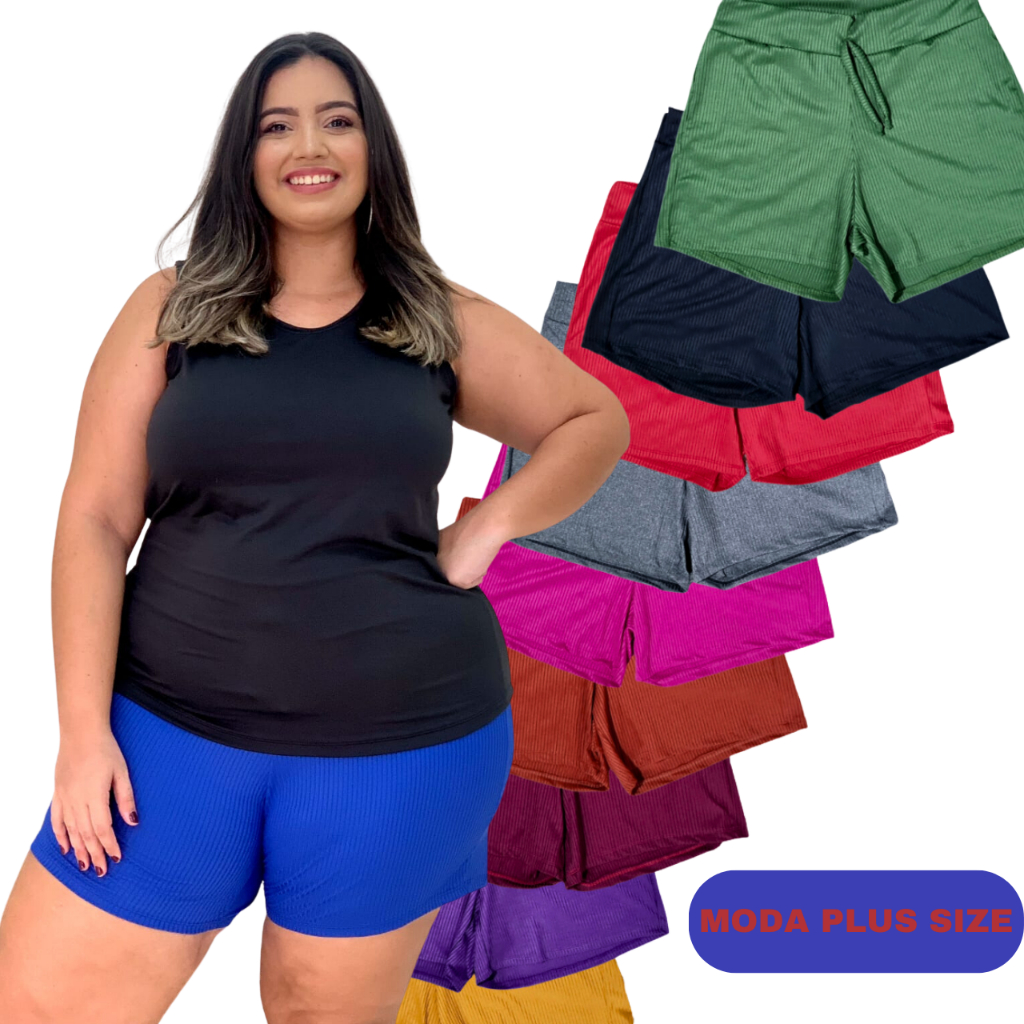 Short Plus Size Calção Feminino de Malha Canelada Liso Zero