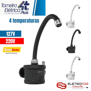 Torneira Elétrica Parede 4T 4800W-127V 220V-5500W Bica Água Quente Branca Preta Cromado 4 Temperaturas Cozinha Enerbras