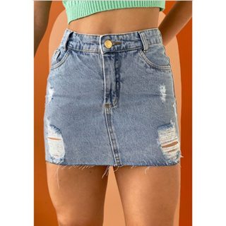 MINI SAIA JEANS FEMININA CURTA BARRA DESFIADA CINTURA ALTA DESTROYED