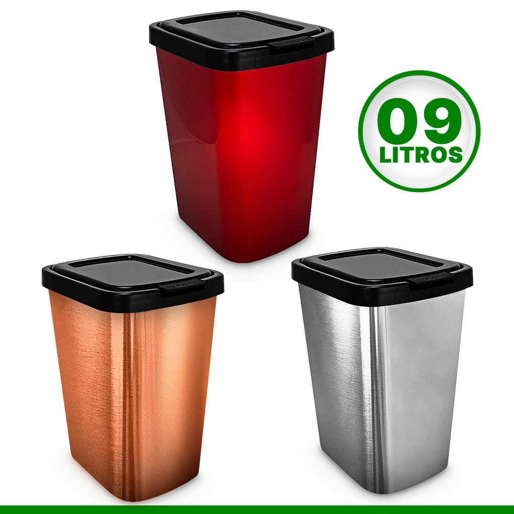 Lixeira Cesto Retangular com Tampa Click Metalizada ou Bronze 9 Litros Escritório Banheiro e Cozinha