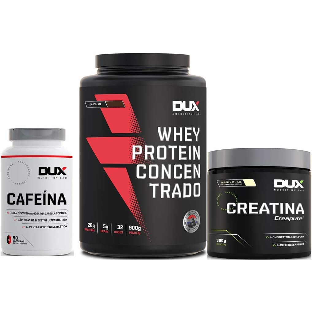 Combo Whey Proteim Concentrado Cookies 900g + Creatina Creapure 300g + Cafeina 90 cápsuals Dux nutrition