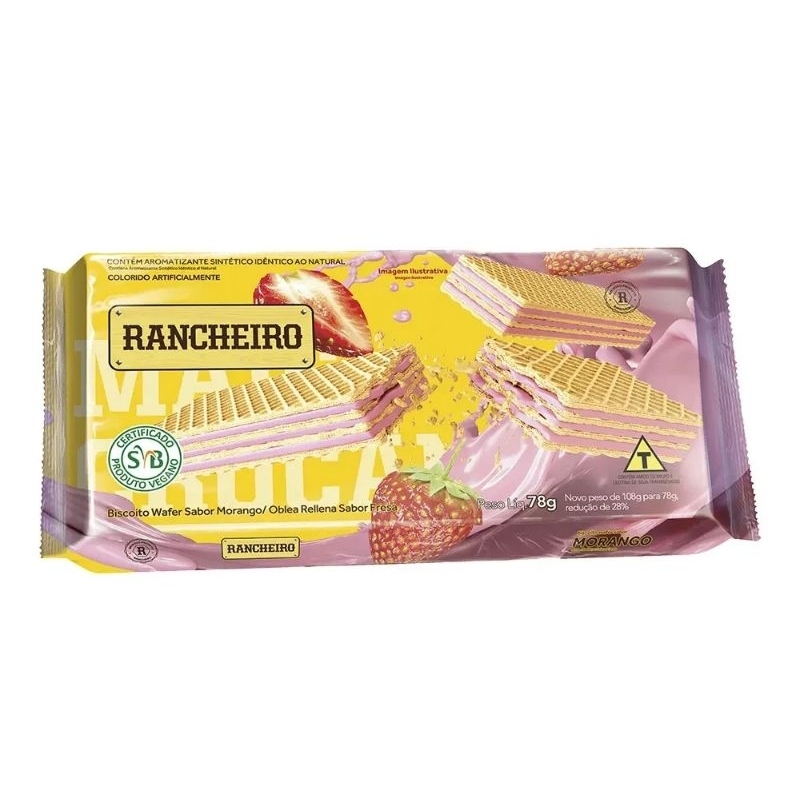 KIT COM 4 - Biscoito Wafer Morango Rancheiro 78g Zero Leite/Zero Lactose.