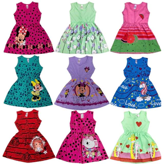 KIT 5 VESTIDOS INFANTIL MENINA PERSONAGEM DE 0 A 5 ANOS 100% ALGODÃO FIO 30, EXCELENTE QUALIDADE
