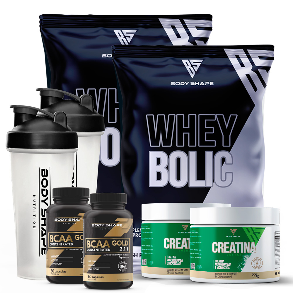 2x Whey Protein Concentrado (WPC) (1kg cada) + 2x Bcaa 60 Caps + 2x Creatina 90g + 2x Coqueteleira