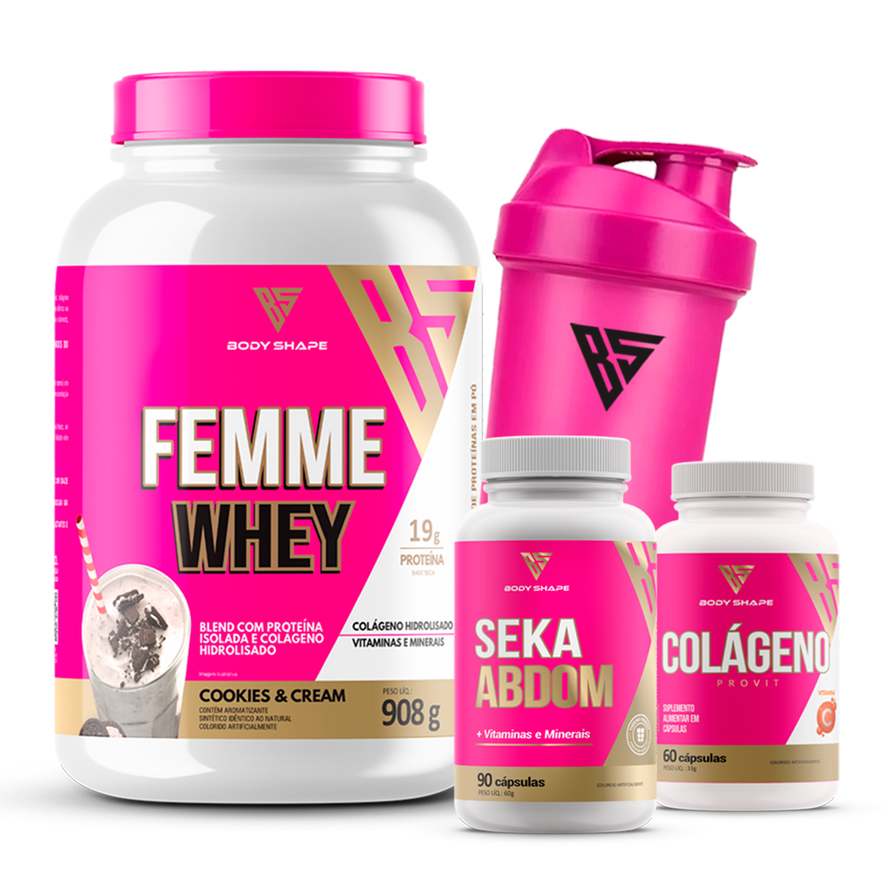 Kit Whey Protein Feminino + Colágeno Hidrolisado 60 caps + Termogênico Sekabdom 90 caps + Coqueteleira Rosa Premium 600ml Body Shape