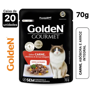 Caixa com 20 Sachês Golden Gourmet Gatos Castrados sabor Carne 70g