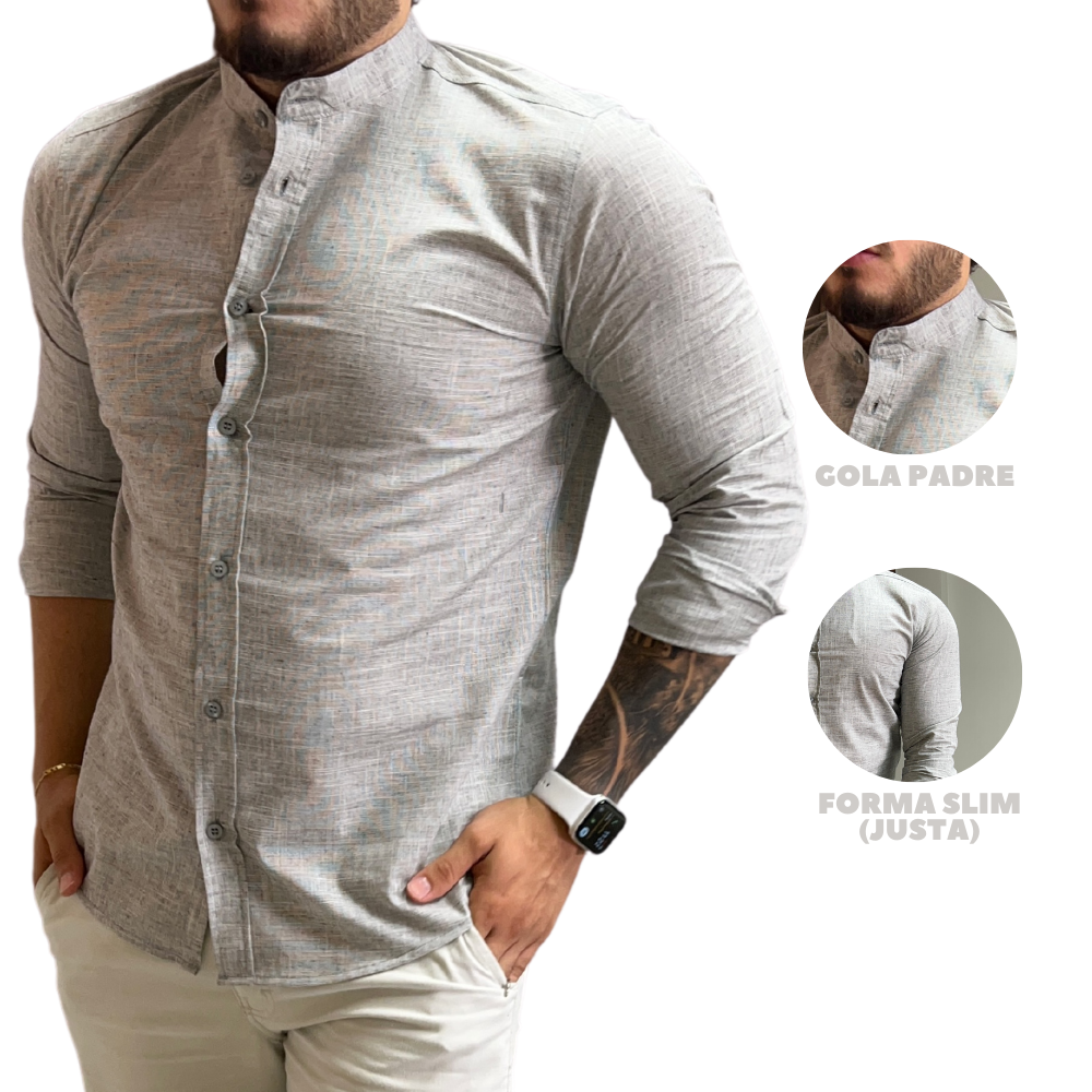 Camisa Social Gola Padre Masculina Linho Algodão Qualidade Premium Luxo Moda