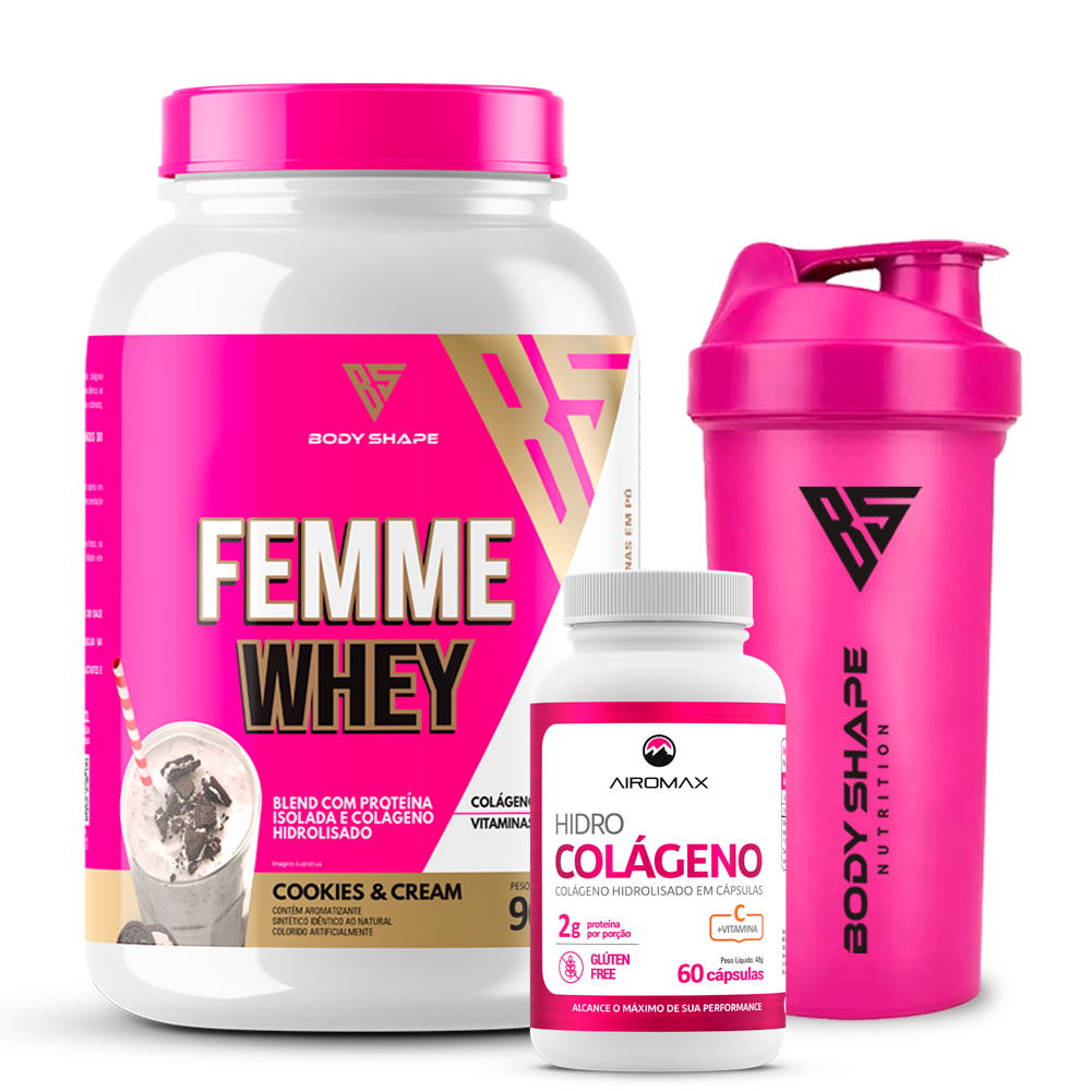 Kit Whey Protein Feminino + Colágeno Hidrolisado com Vitamina C 60 Cápsulas + Coqueteleira Rosa Original Body Shape