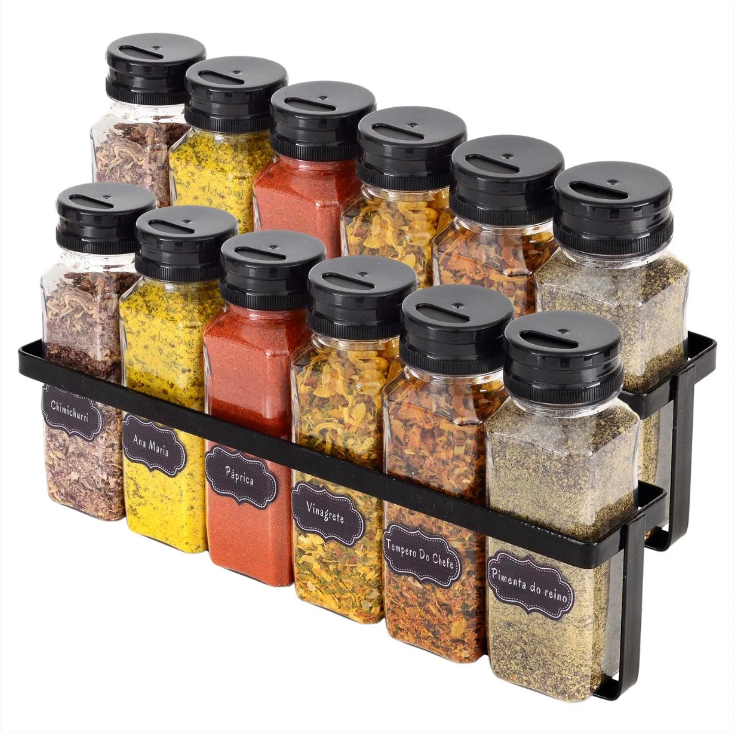 Porta Temperos Condimentos Cozinha 12 Potes Preto com Caneta e Etiqueta